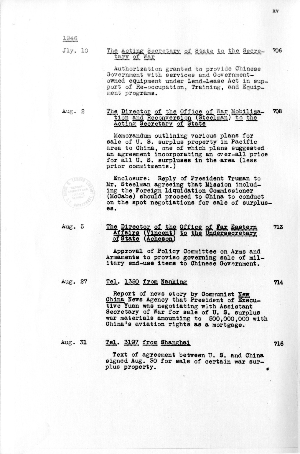 Title and Table of Contents, Documents On Diplomatic Aspects Of Efforts By The United States To Supply China With Materials Of War Under The Lend-Lease Act, 1940-1947 - Part IV (1944-1947)