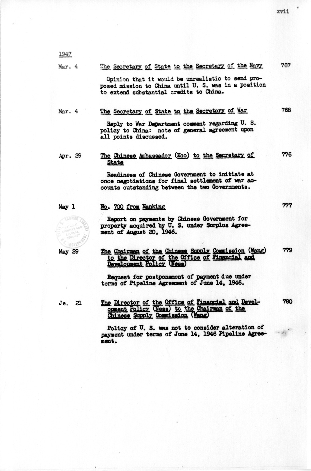 Title and Table of Contents, Documents On Diplomatic Aspects Of Efforts By The United States To Supply China With Materials Of War Under The Lend-Lease Act, 1940-1947 - Part IV (1944-1947)