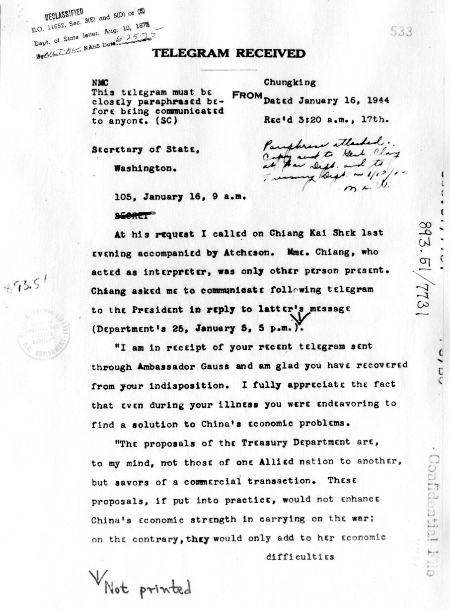Telegram from Ambassador Clarence Gauss to Secretary of State Cordell Hull