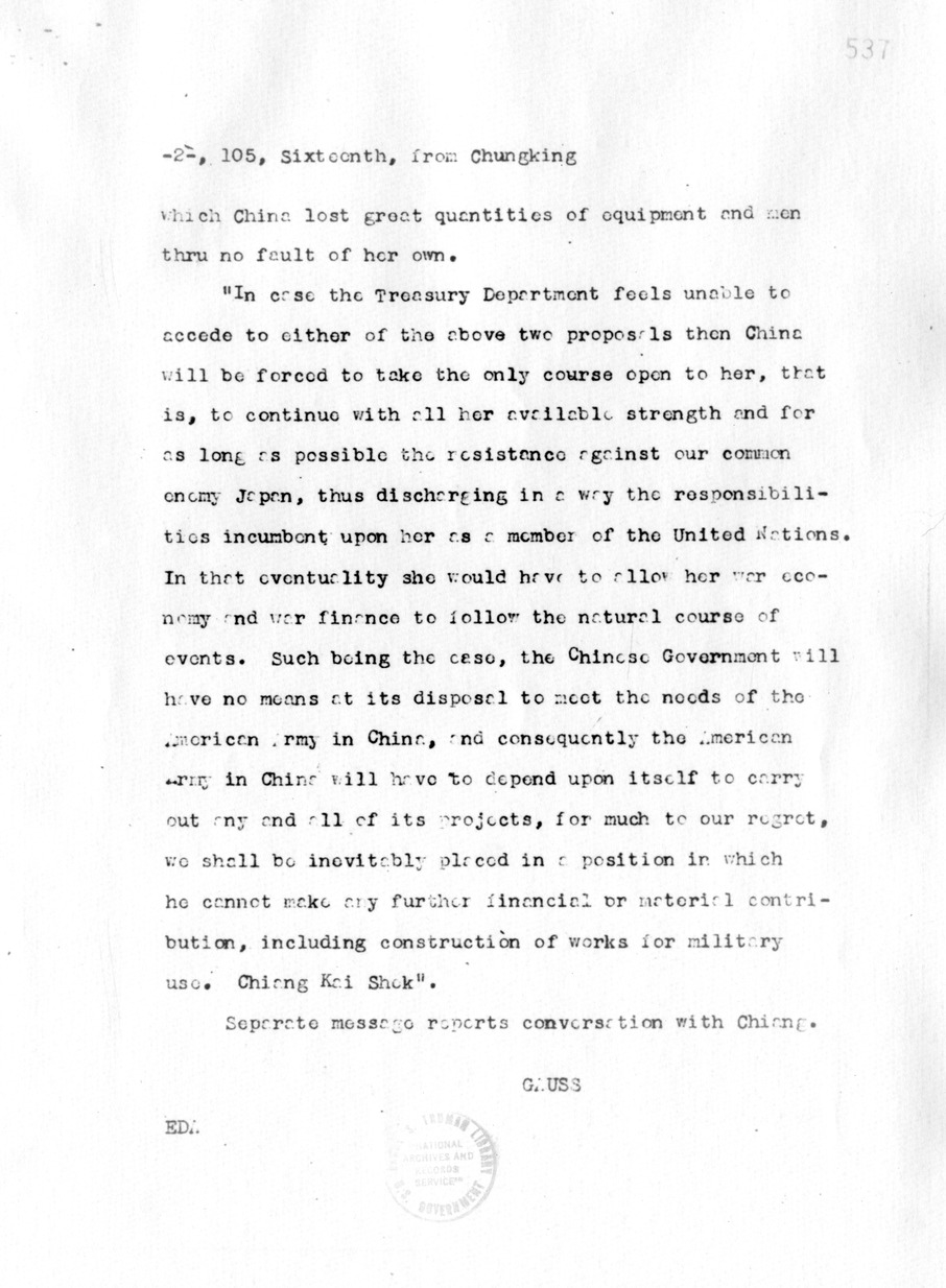 Telegram from Ambassador Clarence Gauss to Secretary of State Cordell Hull