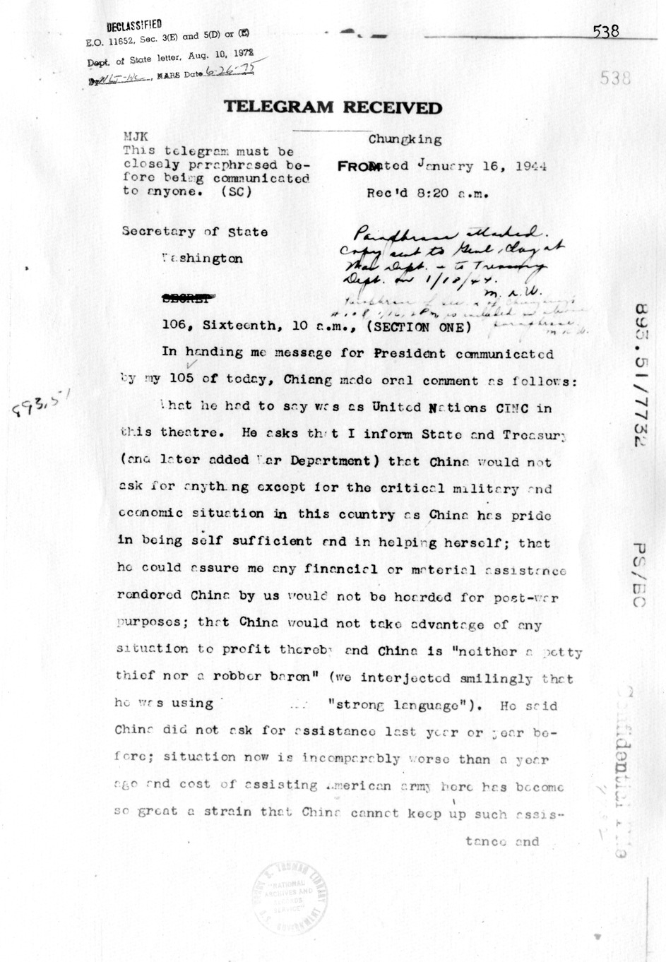 Telegram from Ambassador Clarence Gauss to Secretary of State Cordell Hull