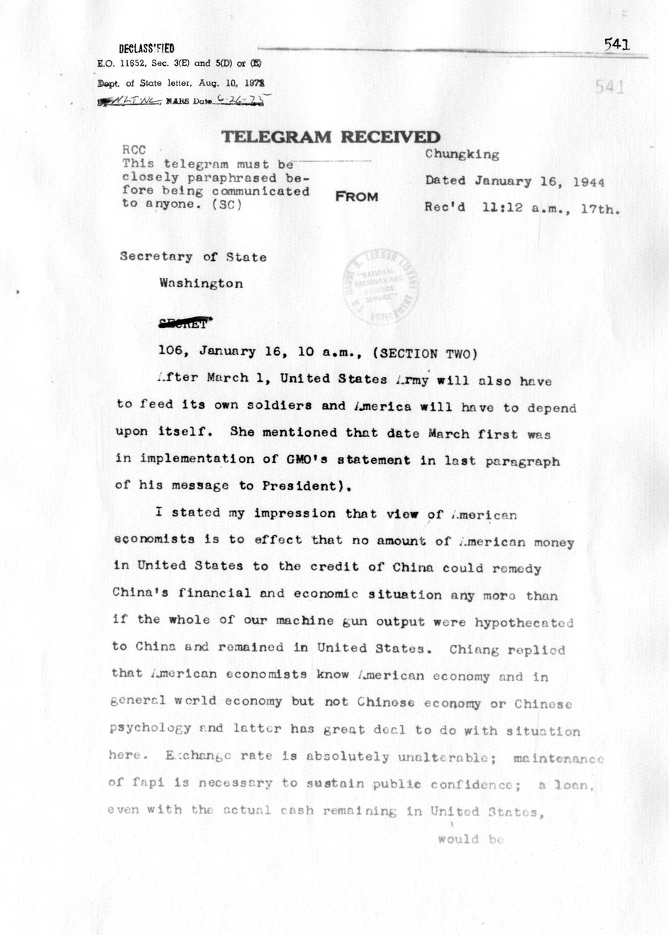 Telegram from Ambassador Clarence Gauss to Secretary of State Cordell Hull