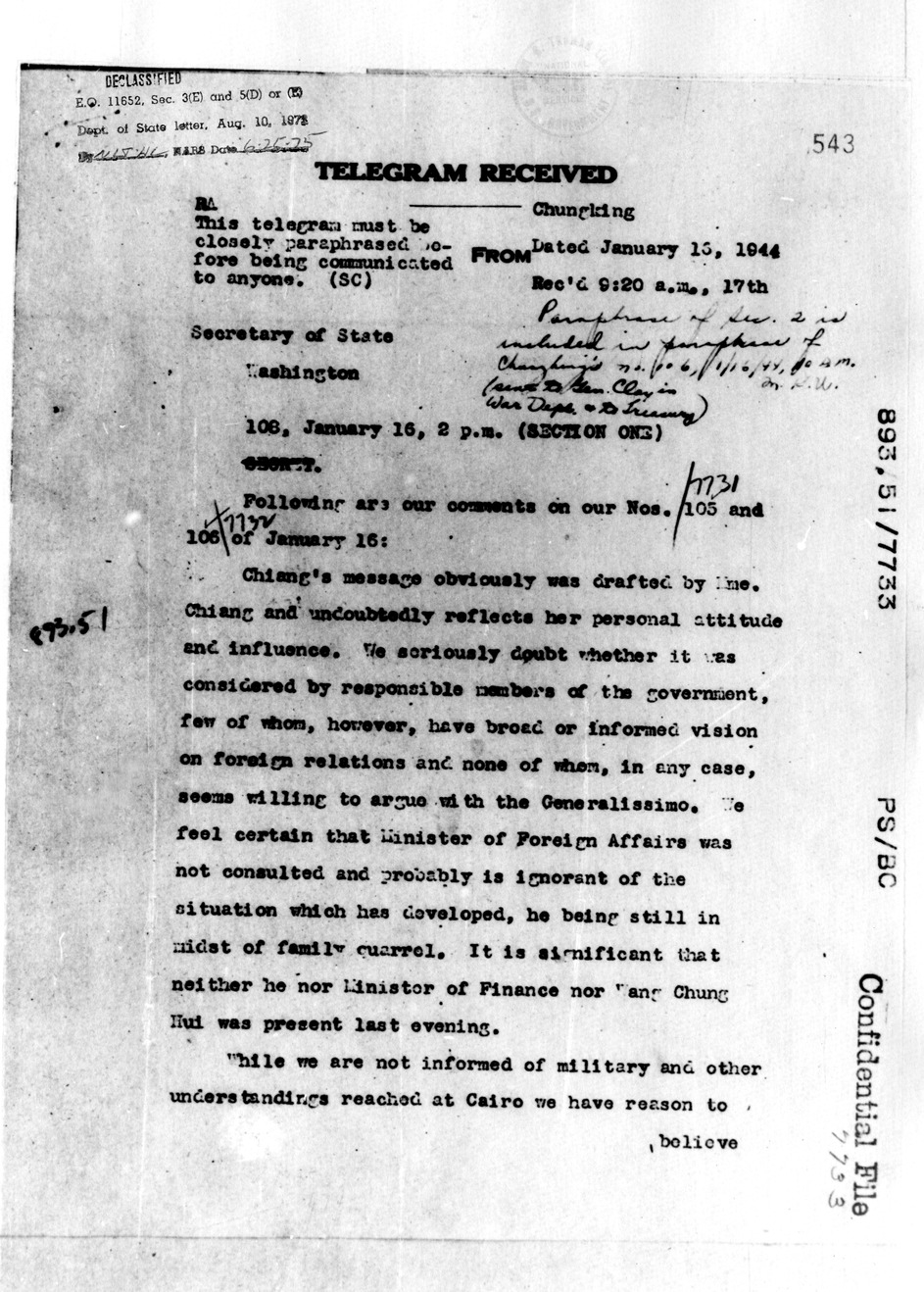 Telegram from Ambassador Clarence Gauss to Secretary of State Cordell Hull