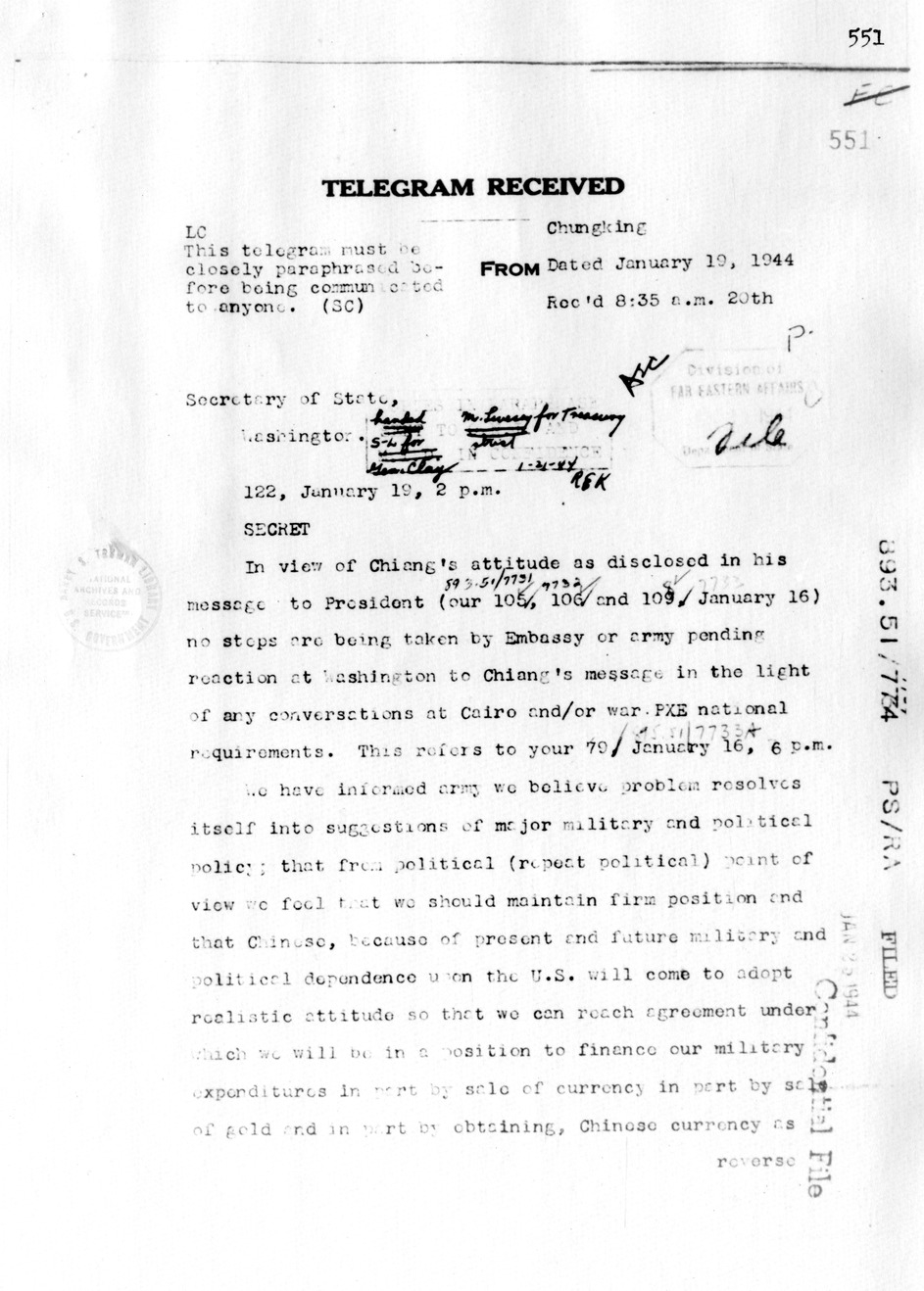 Telegram from Ambassador Clarence Gauss to Secretary of State Cordell Hull