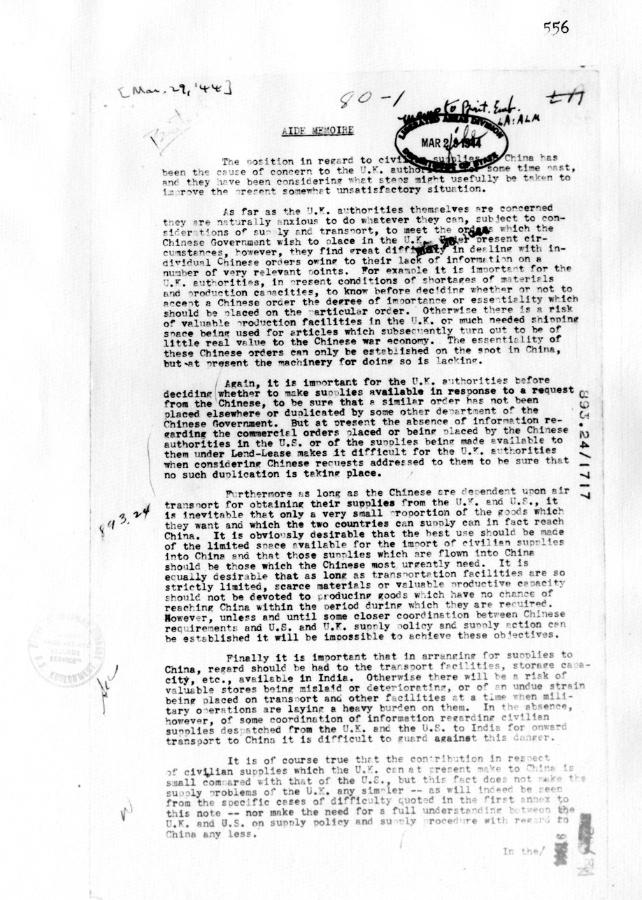 Aide-Memoire from the British Civil Secretariat