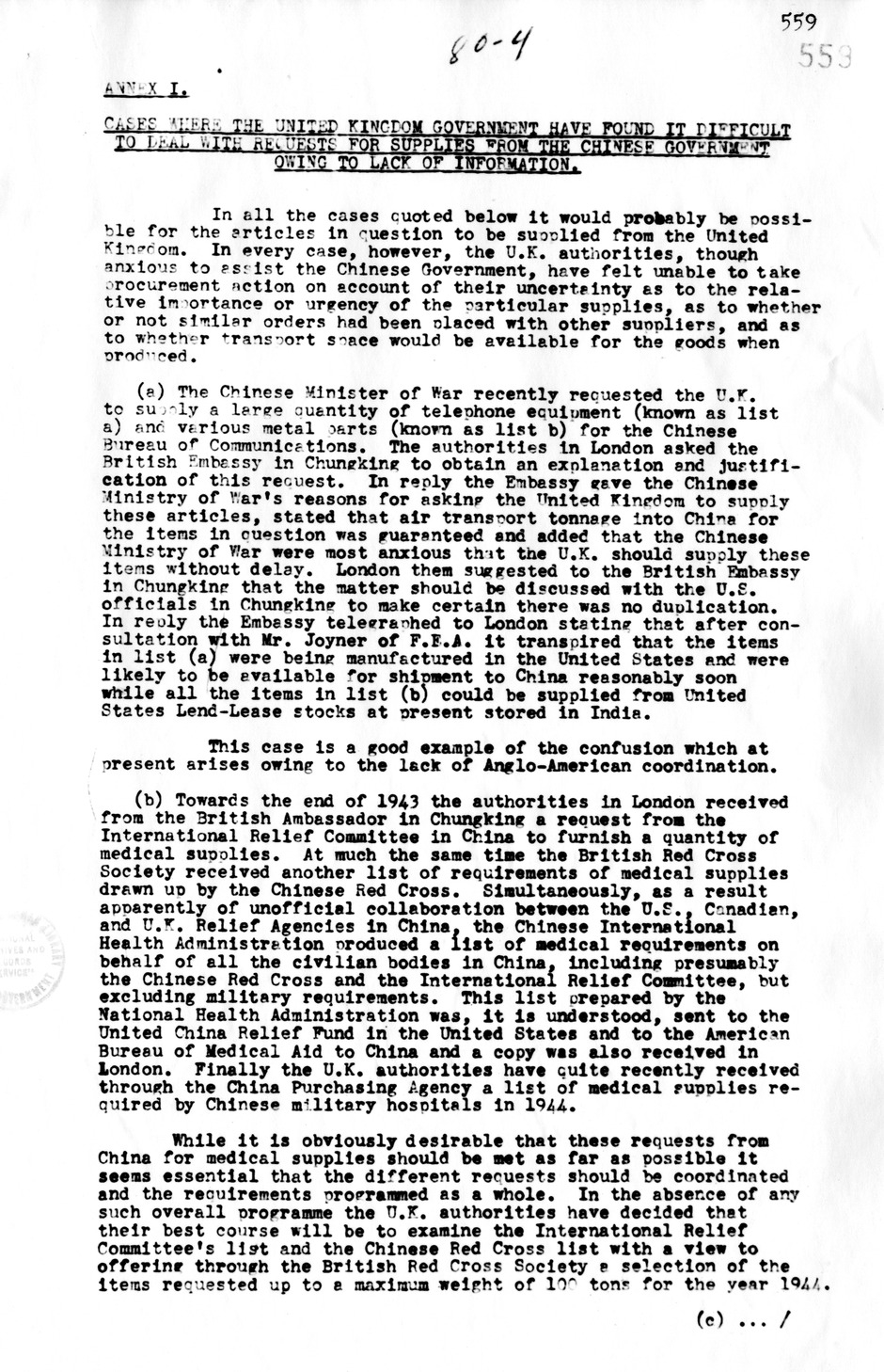 Memorandum Cases Where The United Kingdom Government Have Found It Difficult To Deal with Request For Supplies From the Chinese Government Owing To Lack Of Information