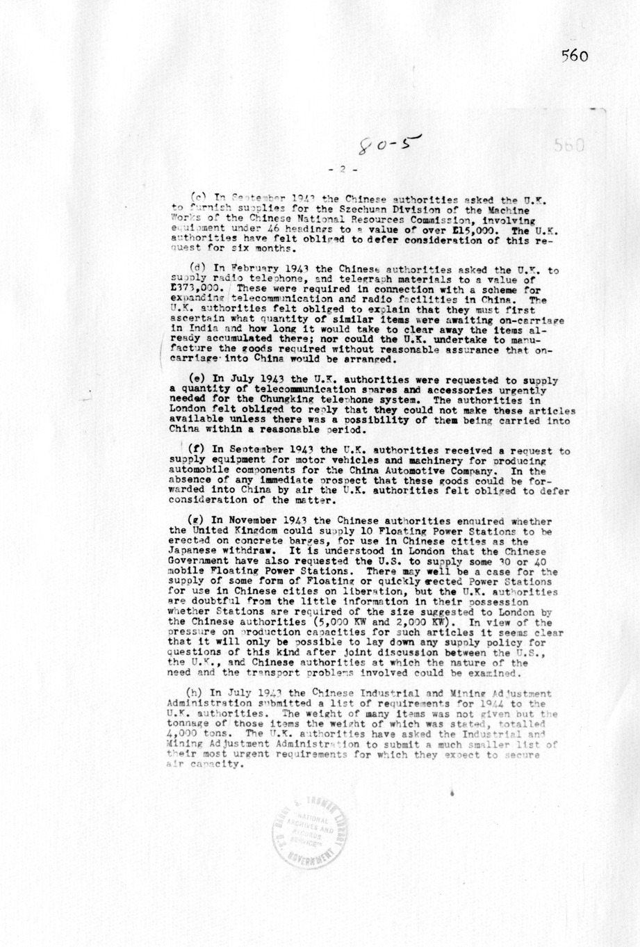 Memorandum Cases Where The United Kingdom Government Have Found It Difficult To Deal with Request For Supplies From the Chinese Government Owing To Lack Of Information