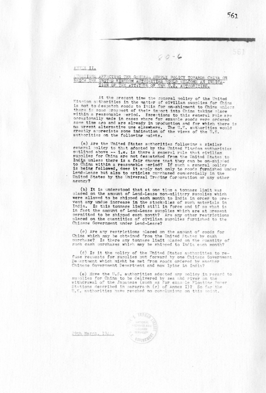 Memorandum, Questions Affecting The General Supply Policy Towards China On Which The United Kingdom Authorities Would Welcome An Indication Of The Attitudes Of The U.S. Authorities
