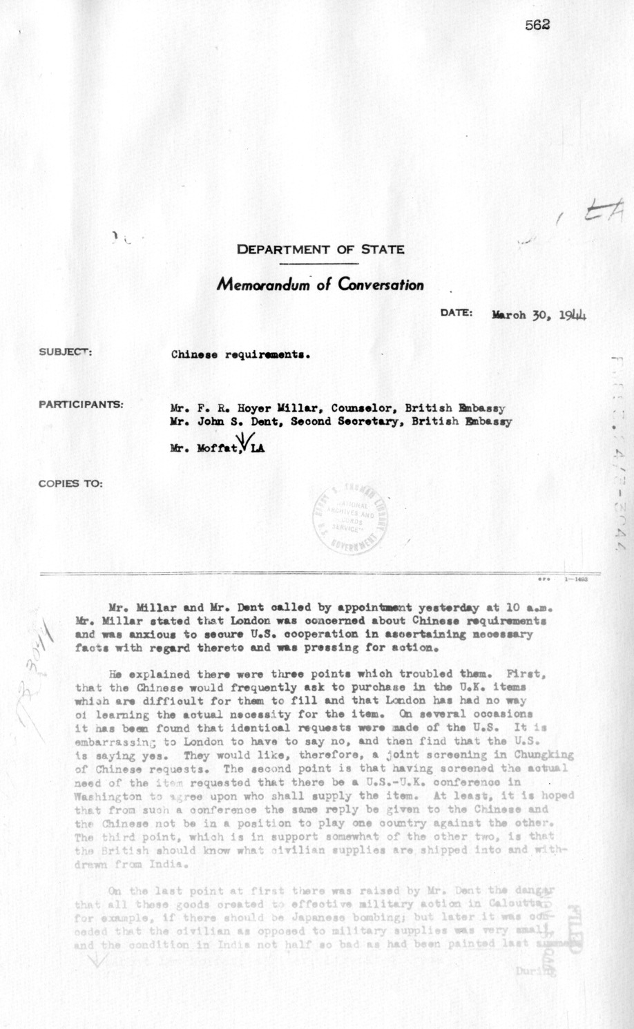 Memorandum of Conversation with F. R. Miller and John S. Dent