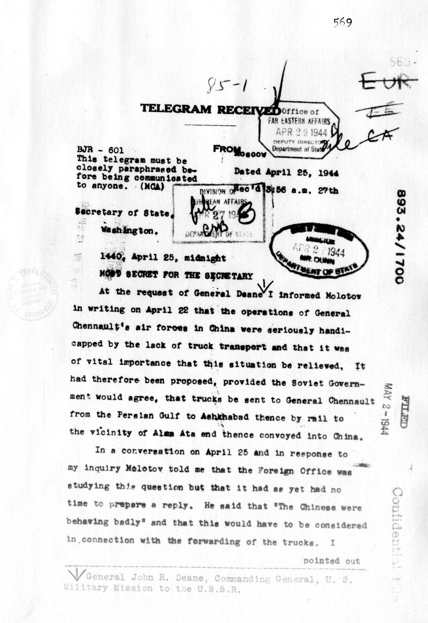 Telegram from Ambassador Averell Harriman to Secretary of State Cordell Hull