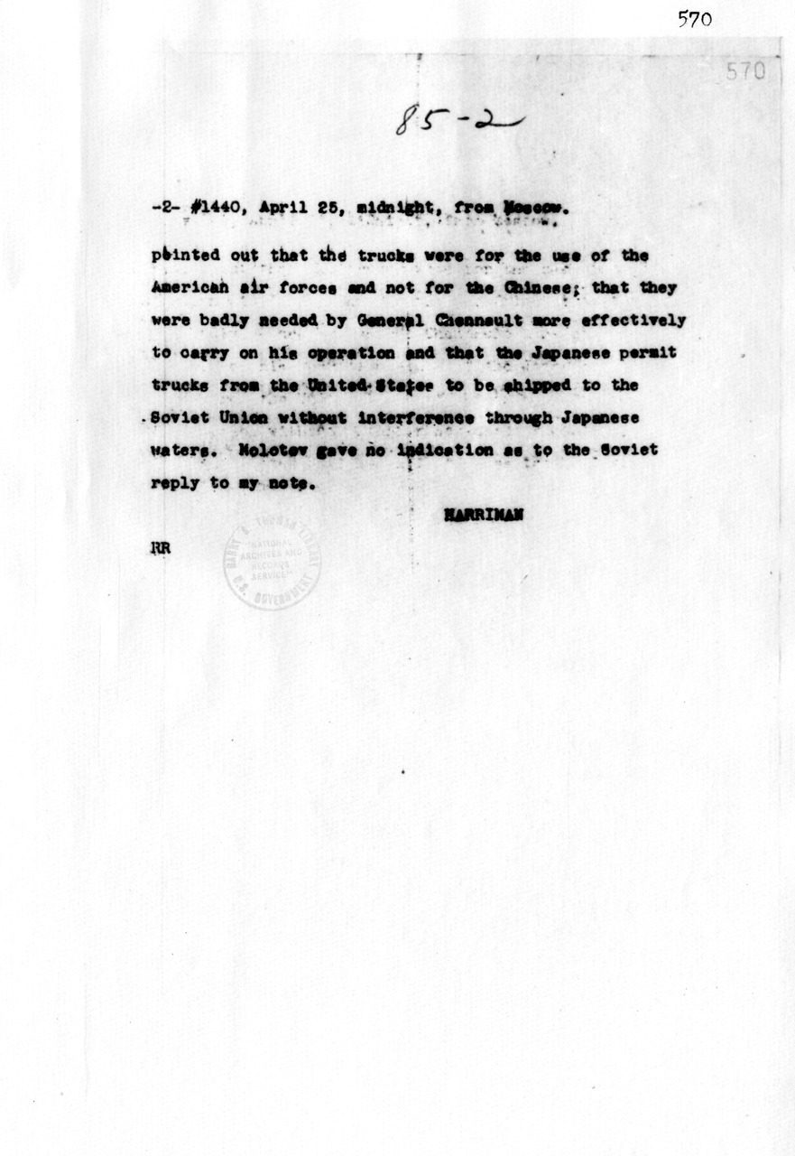 Telegram from Ambassador Averell Harriman to Secretary of State Cordell Hull