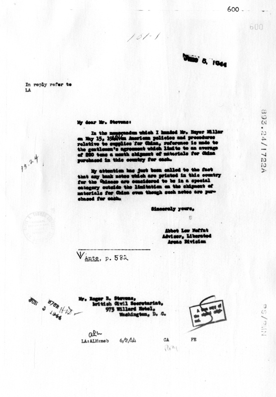 Memorandum from Abbot L. Moffat to Roger Stevens