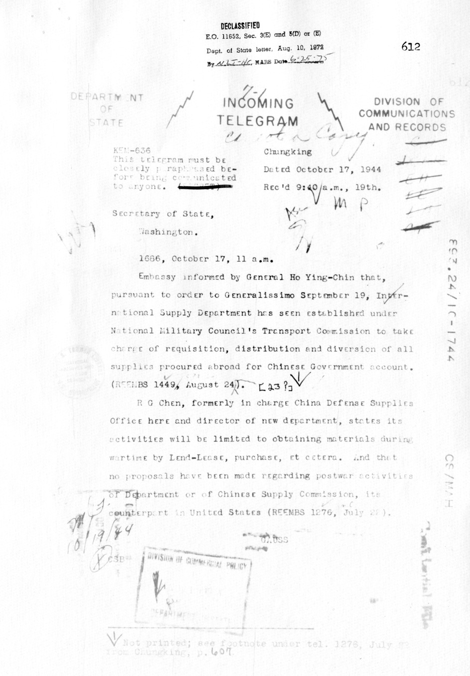 Telegram from Ambassador Clarence Gauss to Secretary of State Cordell Hull