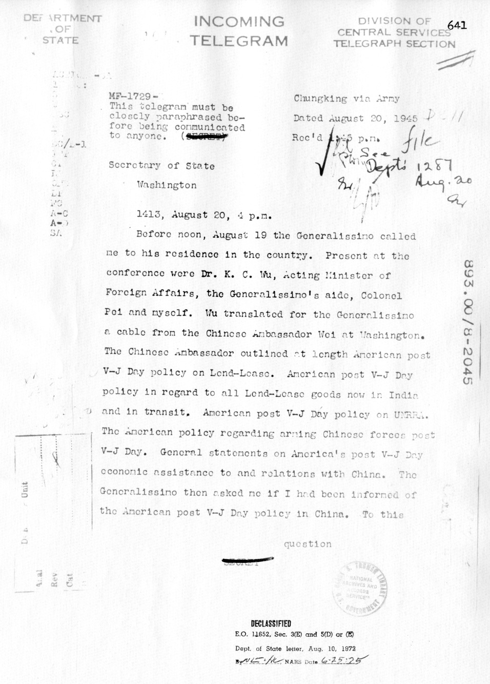 Memorandum from Patrick Hurley to Secretary of State Edward Stettinius