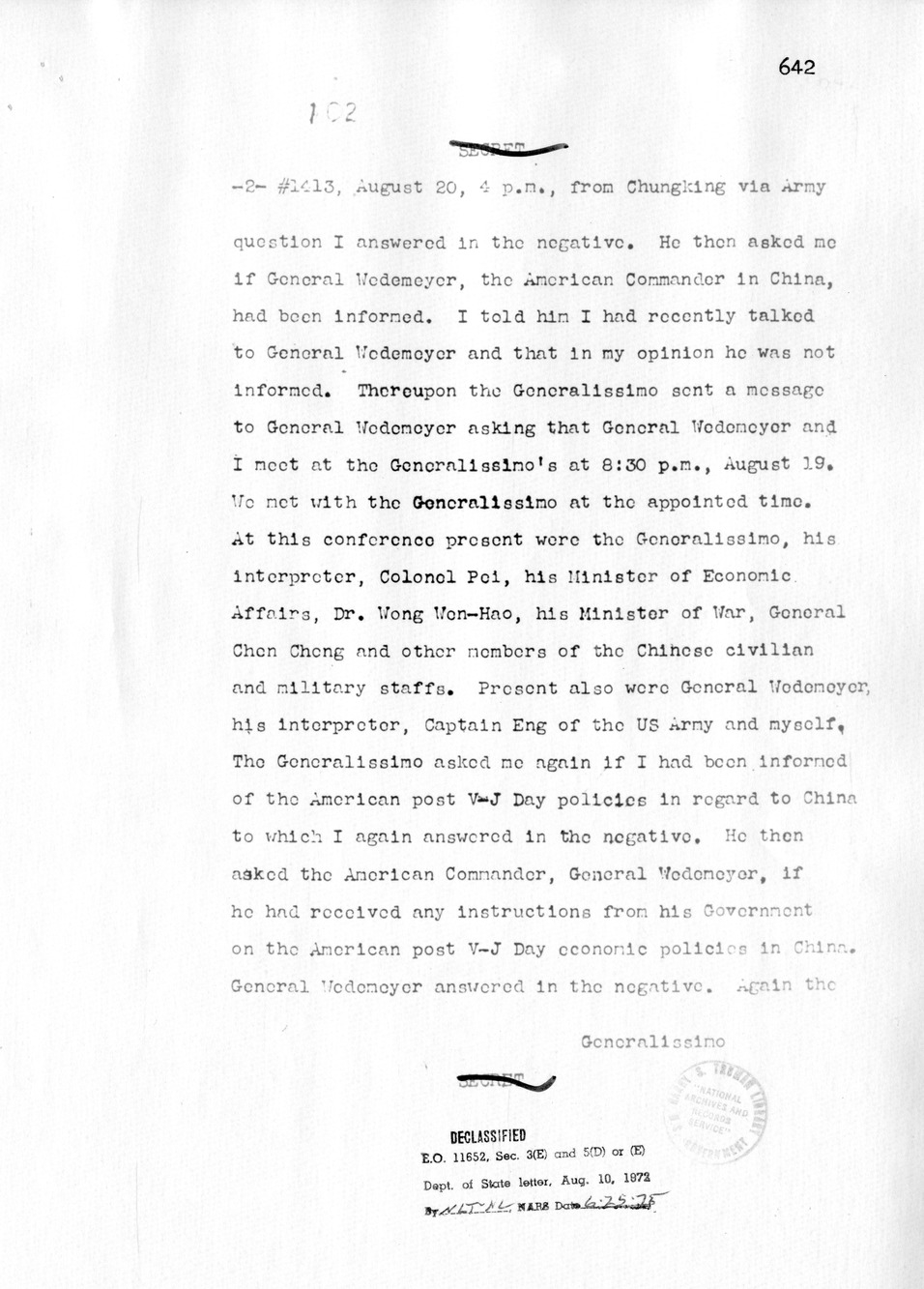 Memorandum from Patrick Hurley to Secretary of State Edward Stettinius