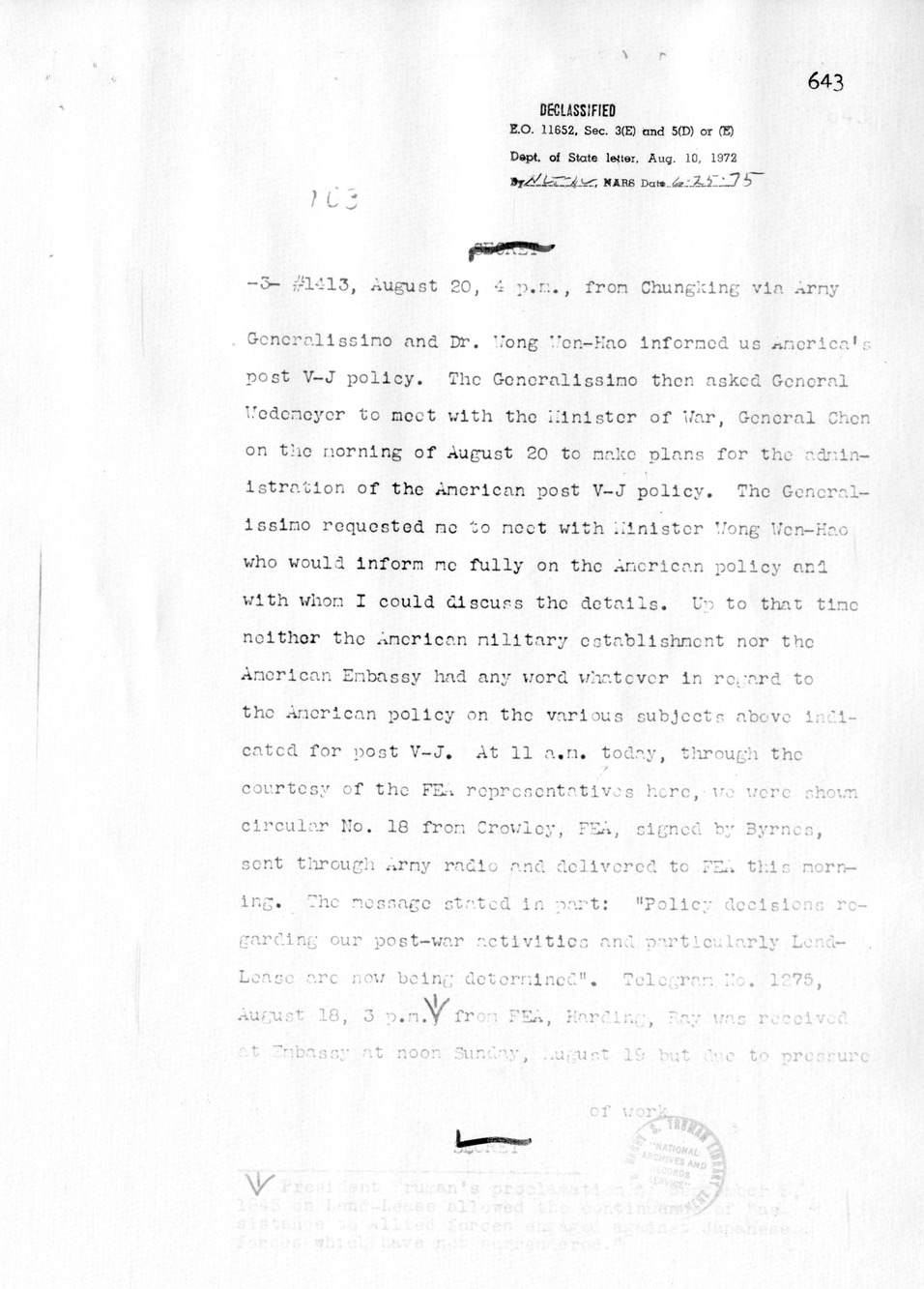 Memorandum from Patrick Hurley to Secretary of State Edward Stettinius