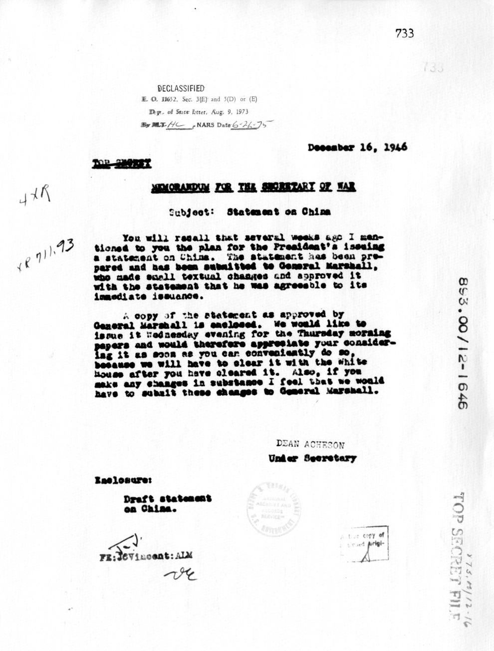 Memorandum from Dean Acheson to Secretary of War Robert Patterson, with Attachement