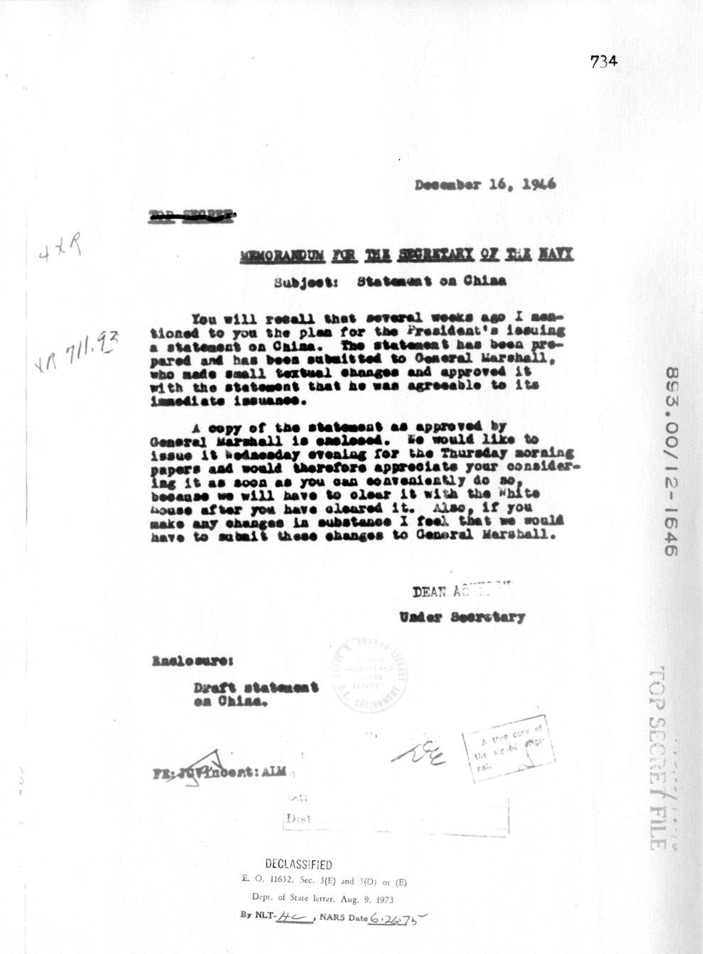 Memorandum from Dean Acheson to Secretary of War Robert Patterson, with Attachement