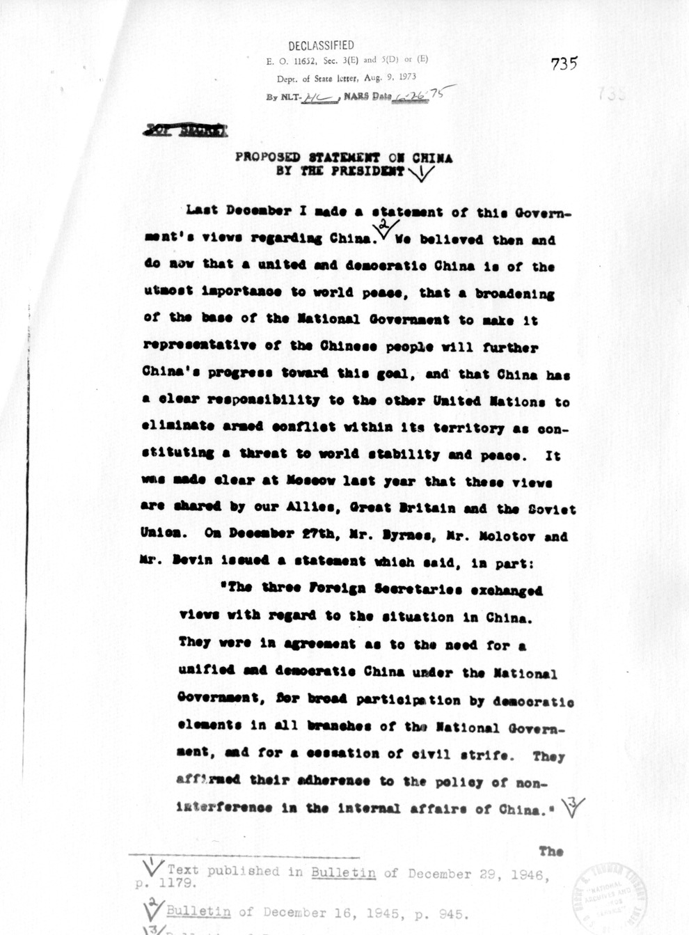 Memorandum from Dean Acheson to Secretary of War Robert Patterson, with Attachement