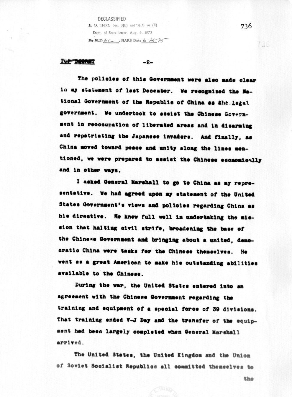 Memorandum from Dean Acheson to Secretary of War Robert Patterson, with Attachement