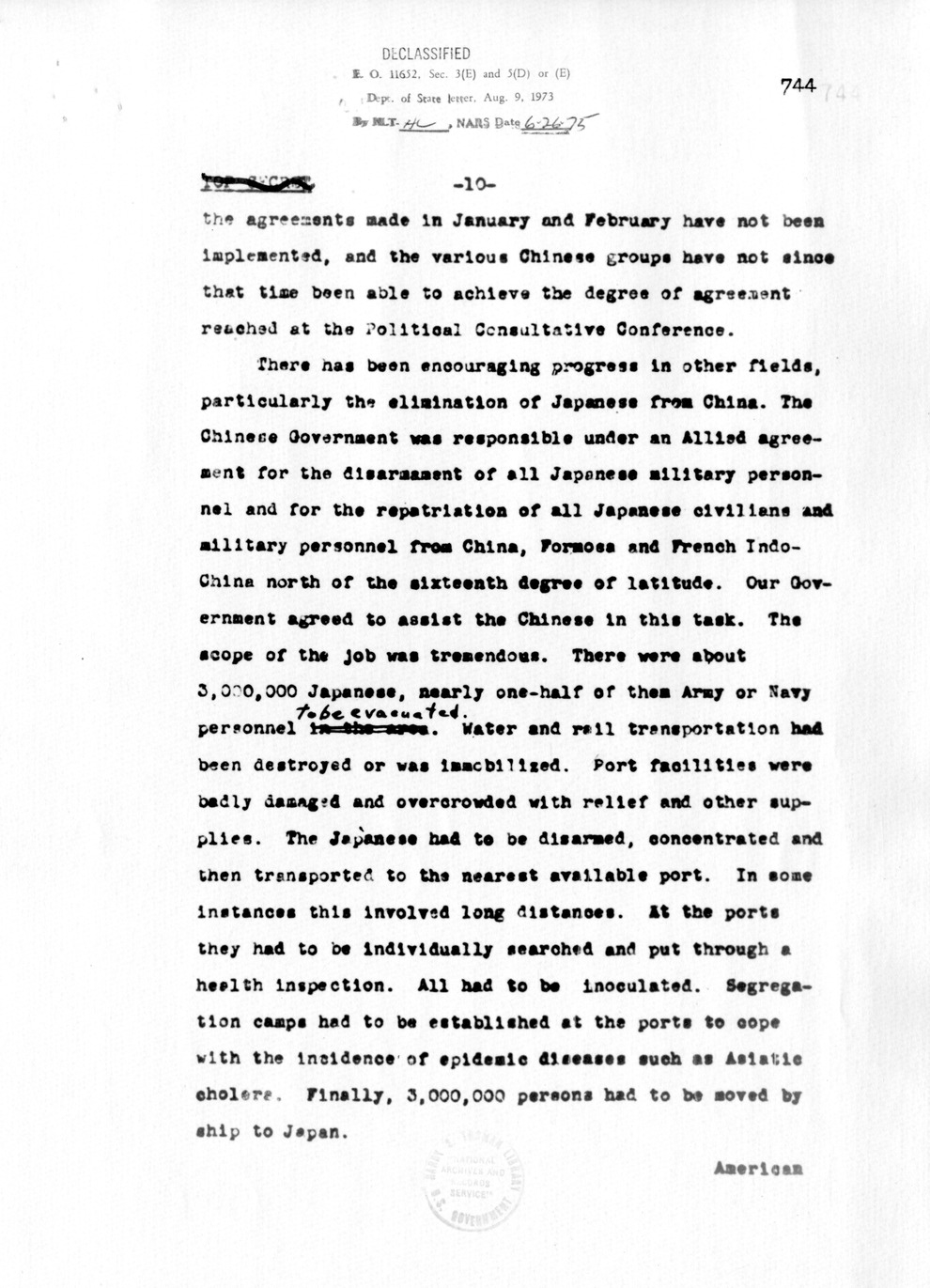 Memorandum from Dean Acheson to Secretary of War Robert Patterson, with Attachement