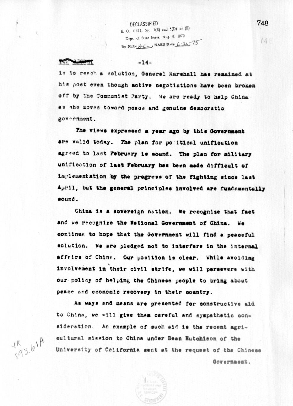 Memorandum from Dean Acheson to Secretary of War Robert Patterson, with Attachement