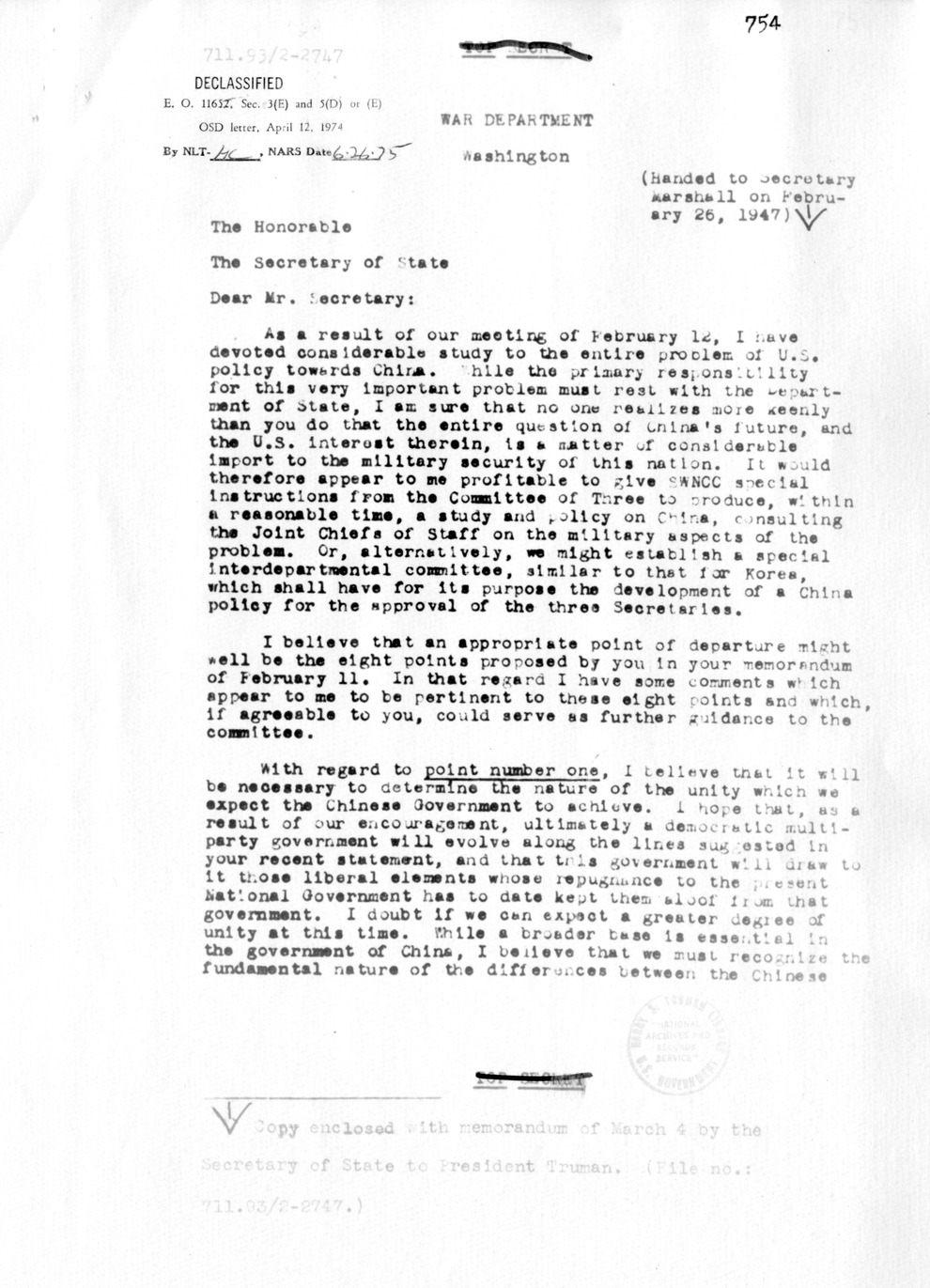 Memorandum from Secretary of War Robert Patterson to Secretary of State George Marshall