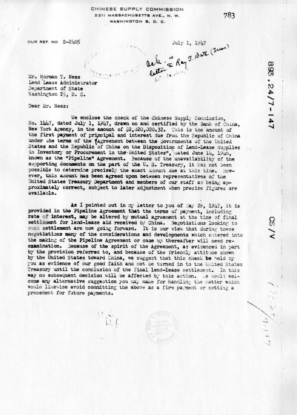 Memorandum from Shou-Chin Wang to Norman Ness