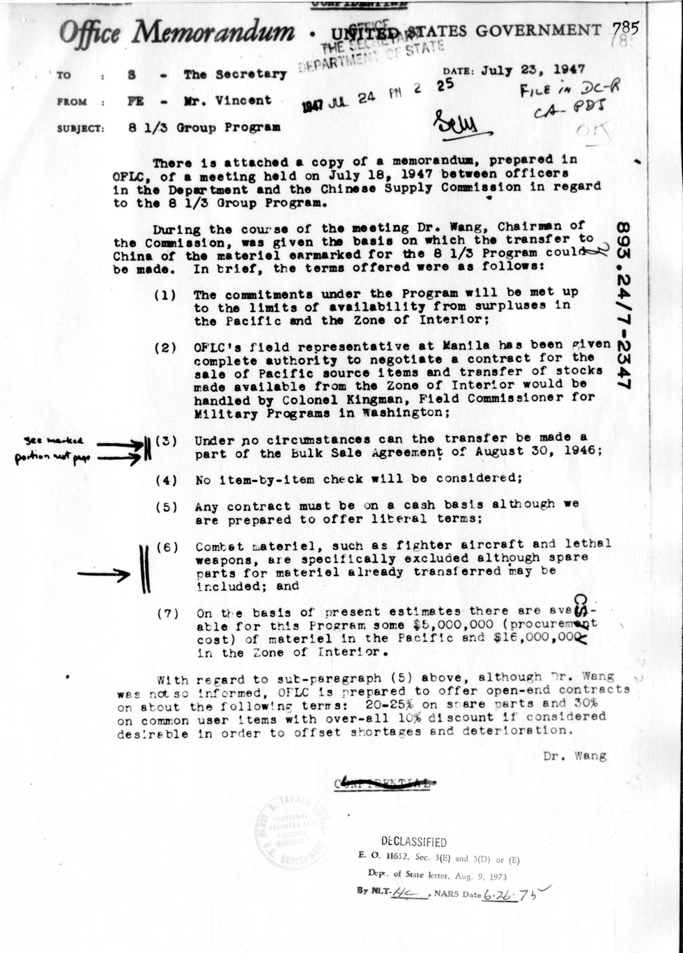 Memorandum from John Carter Vincent to Secretary of State George Marshall