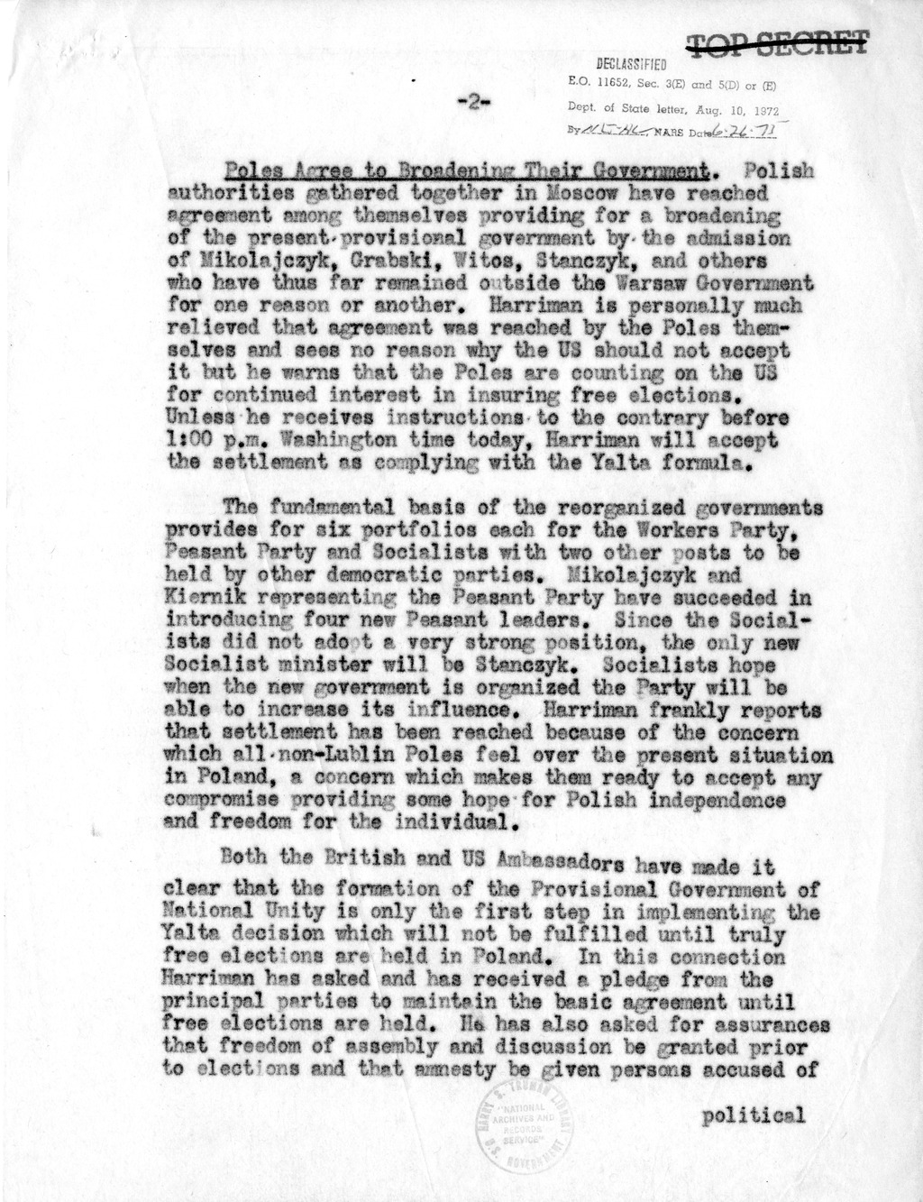 Memorandum from Acting Secretary of State Joseph Grew to President Harry S. Truman, Current Foreign Developments