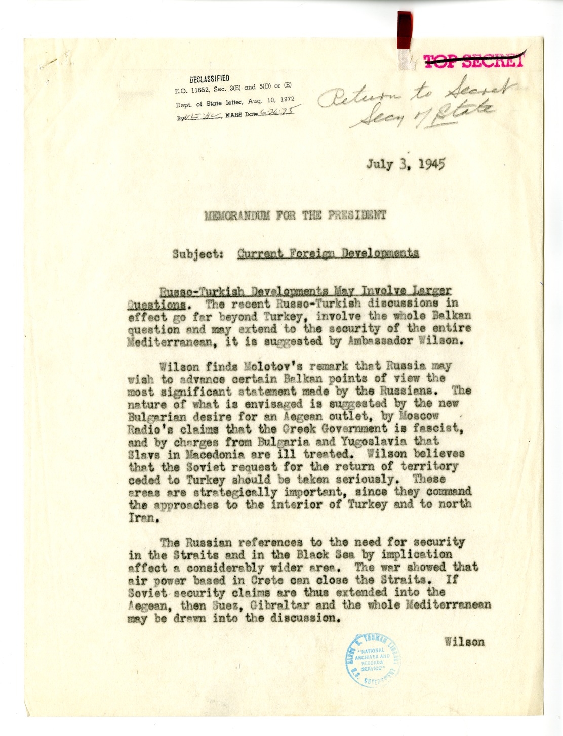Memorandum from acting secretary of state joseph grew to president