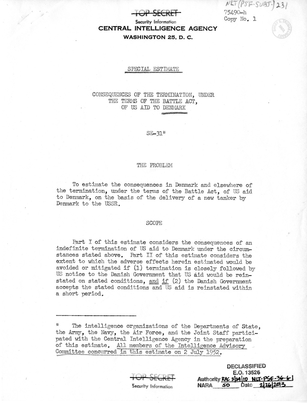 Report by the Central Intelligence Agency, Special Estimate: Consequences of the Termination, Under the Terms of the Battle Act, of United States Aid to Denmark, SE-31
