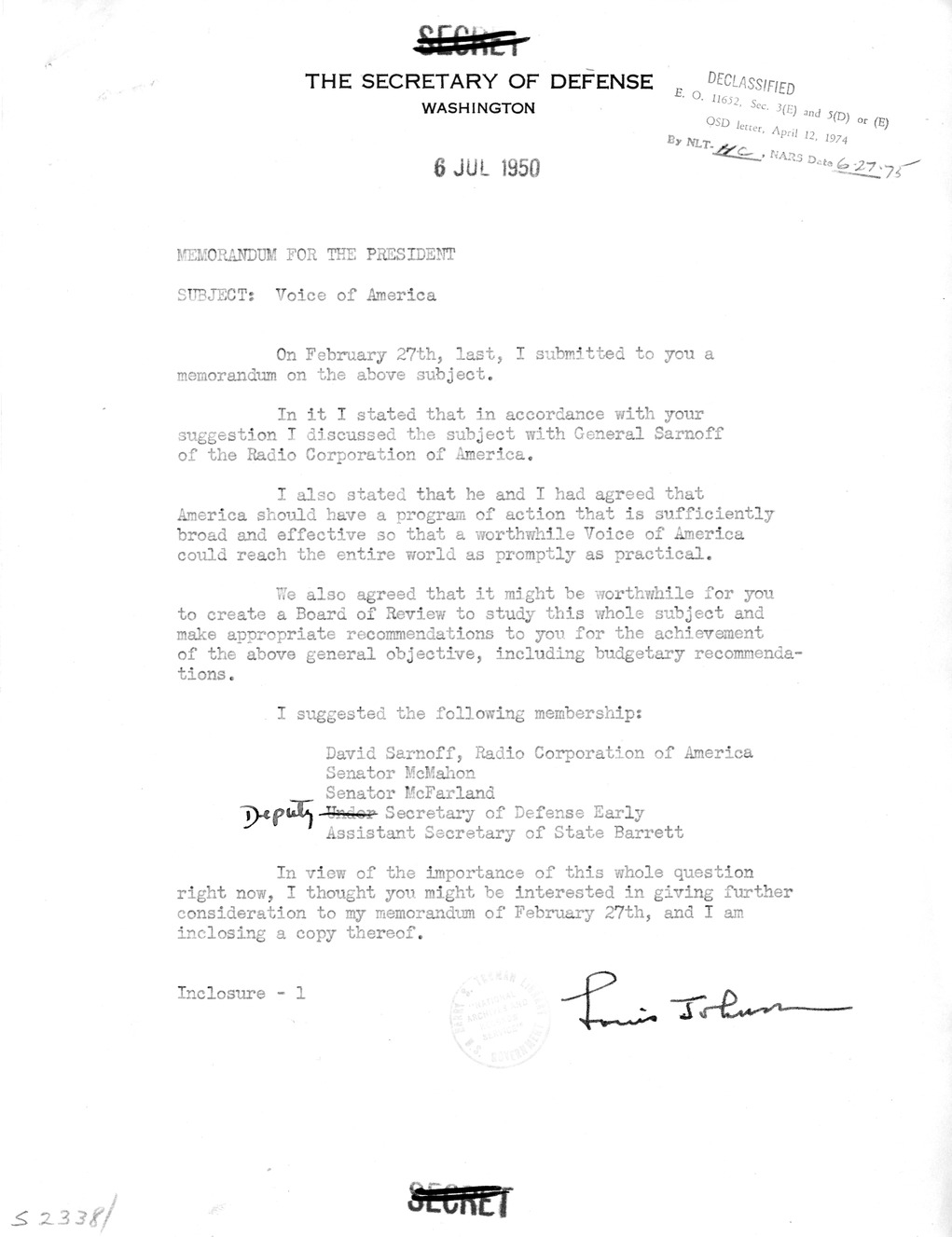 Memorandum from Secretary of Defense Louis Johnson to President Harry S. Truman