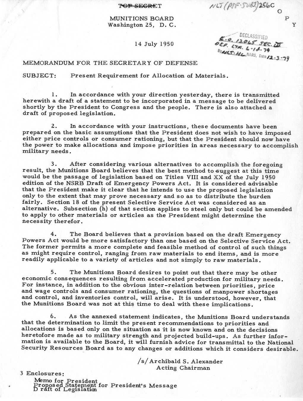 Memorandum from President Harry S. Truman to Secretary of Defense Louis Johnson