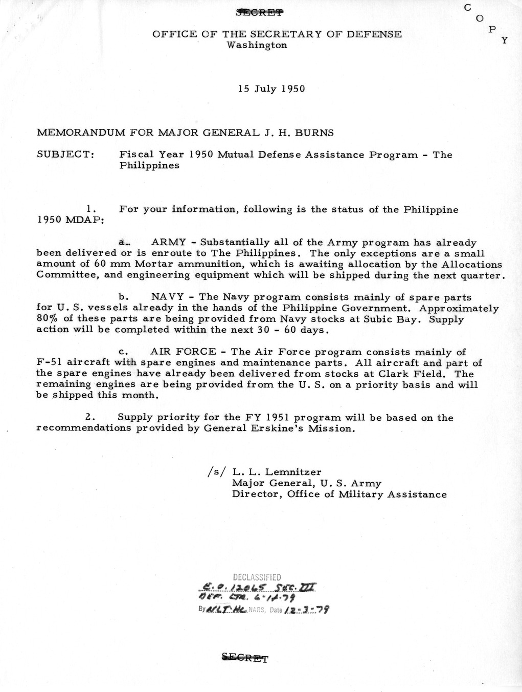 Memorandum from President Harry S. Truman to Secretary of Defense Louis Johnson