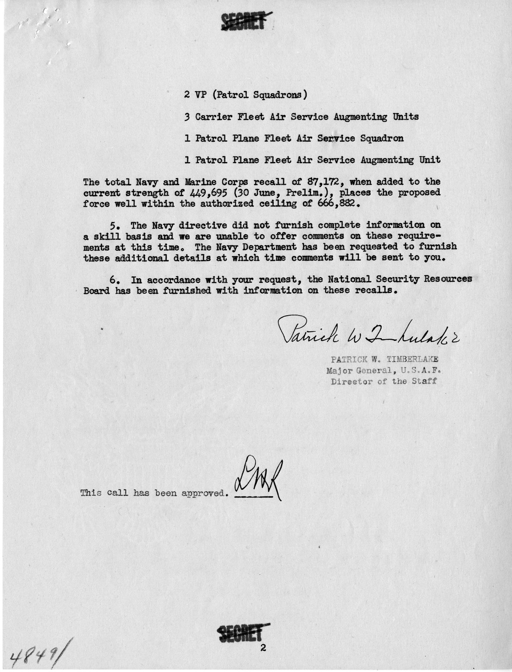 Memorandum from Major General Patrick Timberlake to Secretary of Defense Louis Johnson