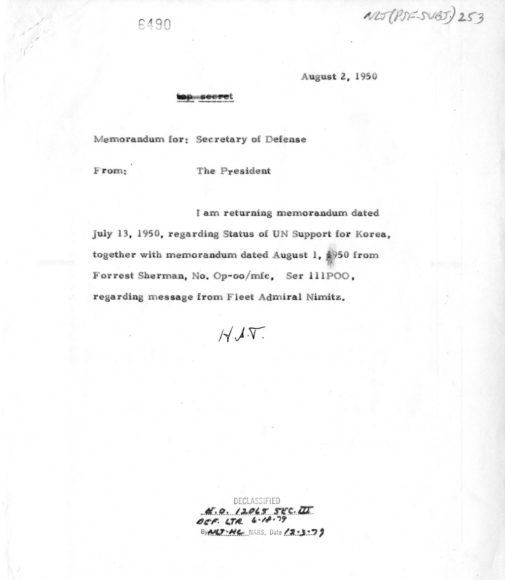 Memorandum from President Harry S. Truman to Secretary of Defense Louis Johnson, with Attachments