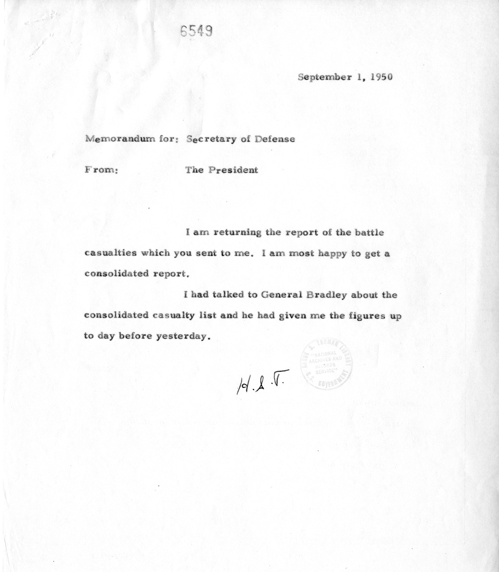 Memorandum from President Harry S. Truman to Secretary of Defense Louis Johnson, with Attachment
