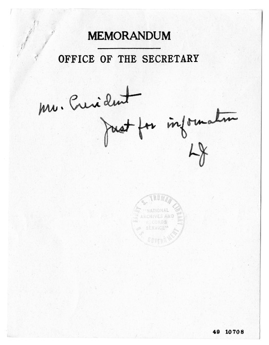 Memorandum from Secretary of Defense Louis Johnson to President Harry S. Truman, with Attachment