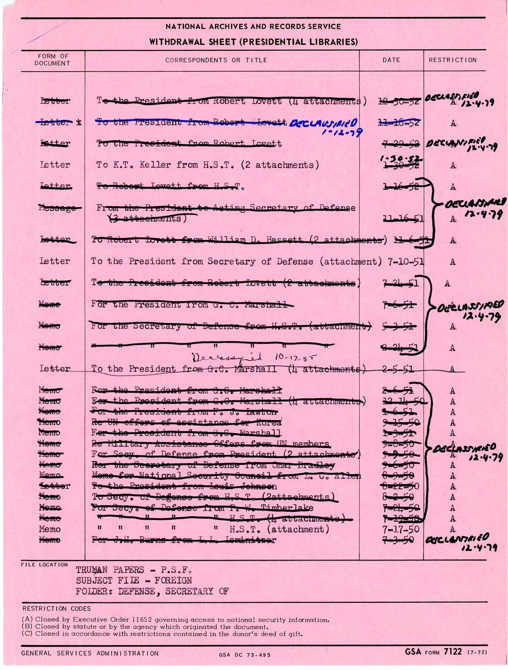 National Archives Withdrawal Sheet