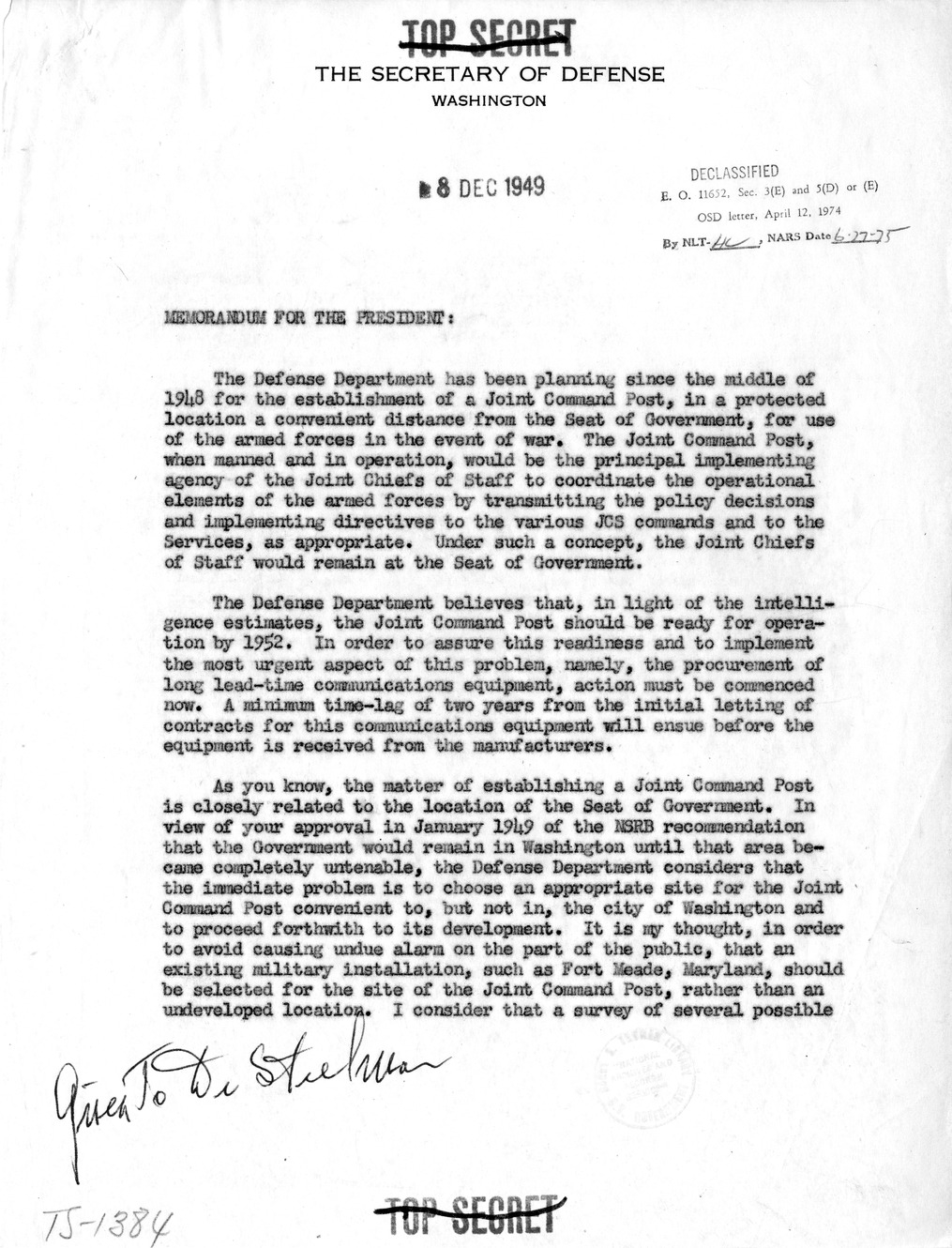 Memorandum from Secretary of Defense Louis Johnson to President Harry S. Truman