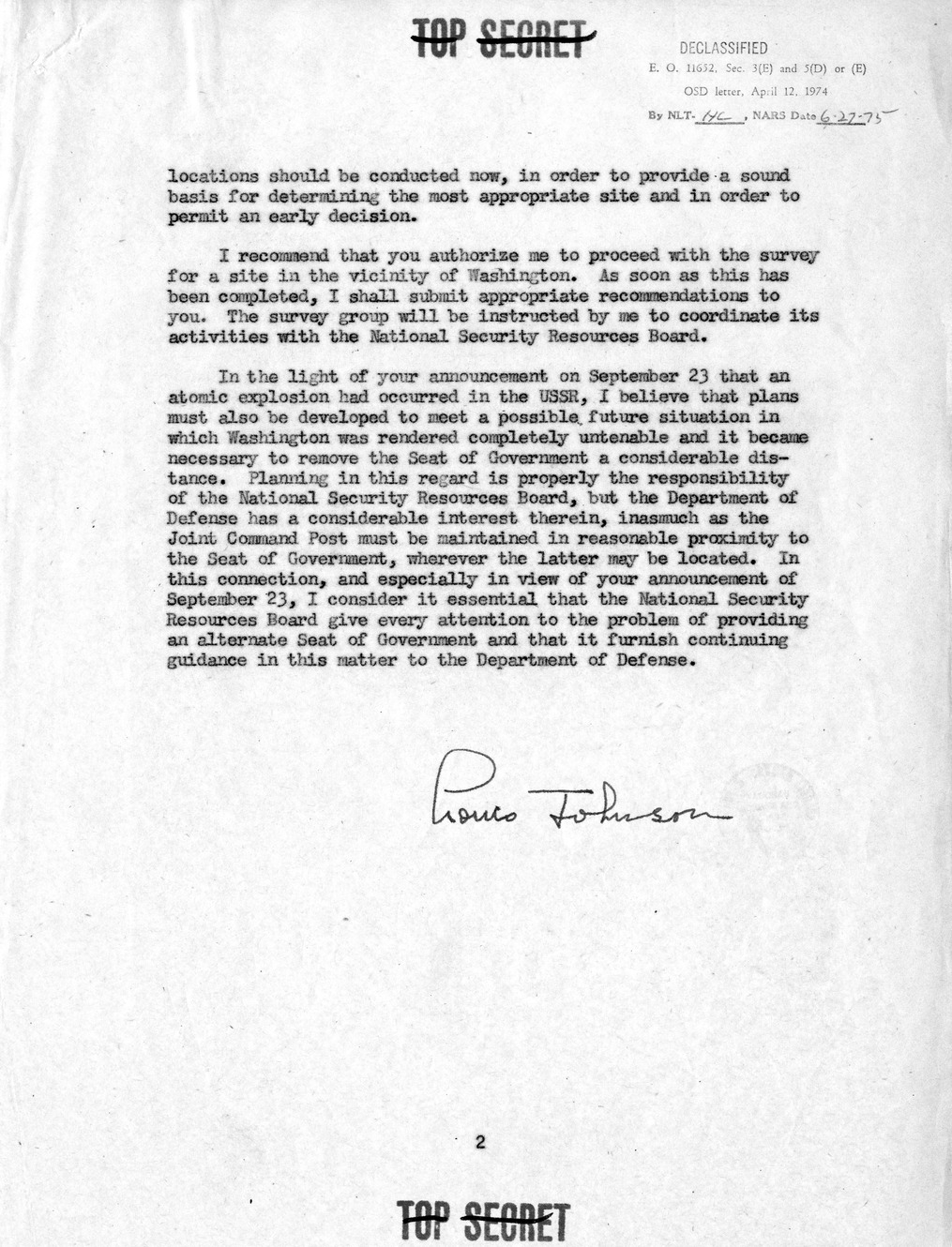 Memorandum from Secretary of Defense Louis Johnson to President Harry S. Truman
