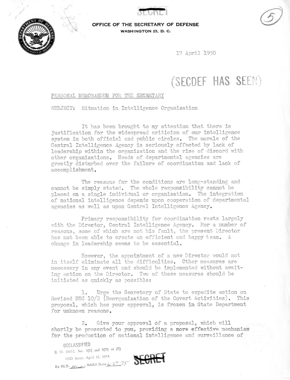 Memorandum from Major General J. H. Burns to Secretary of Defense Louis Johnson