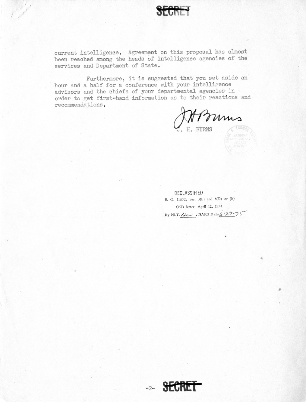 Memorandum from Major General J. H. Burns to Secretary of Defense Louis Johnson