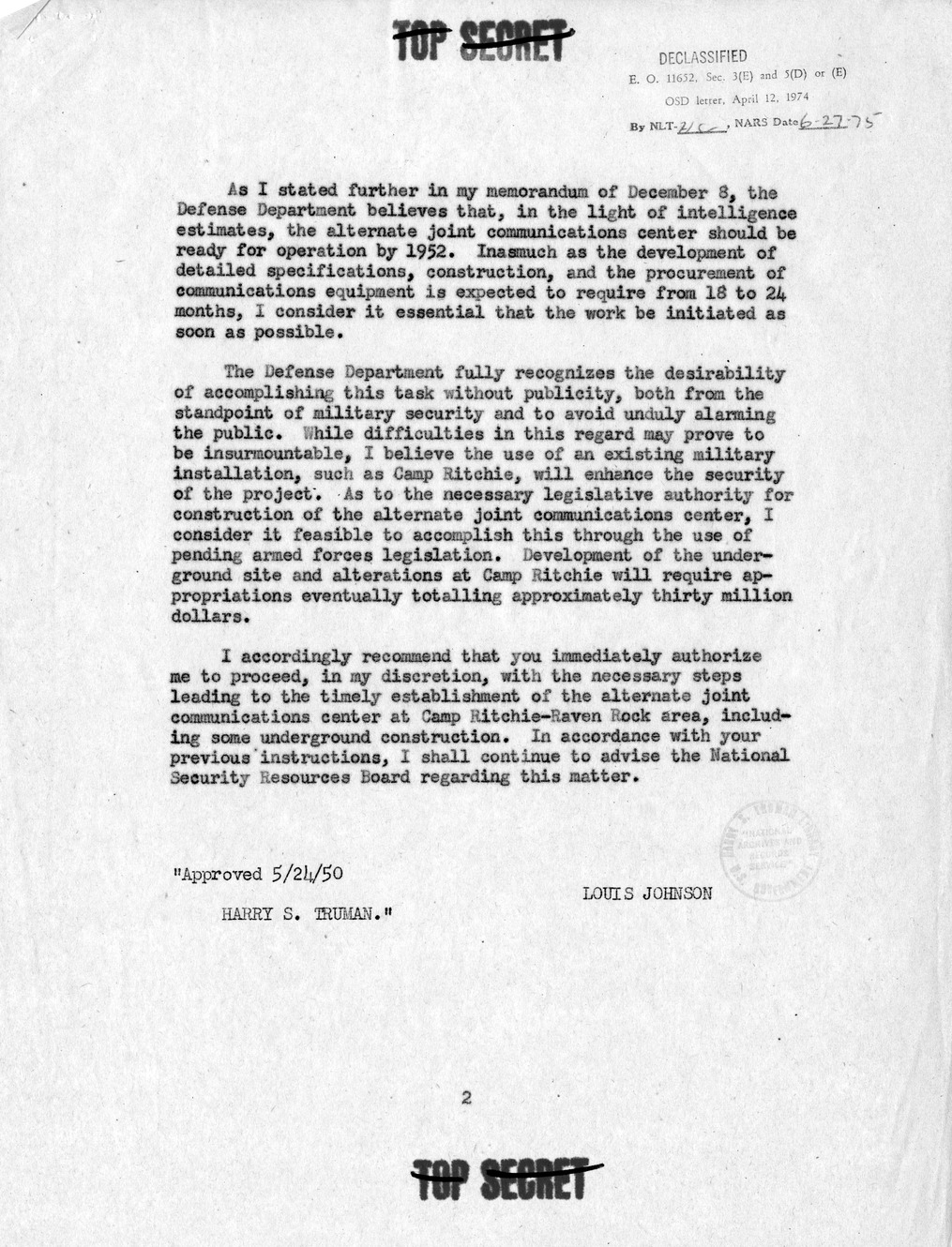 Memorandum from Secretary of Defense Louis Johnson to President Harry S. Truman, with Attachments and Related Material