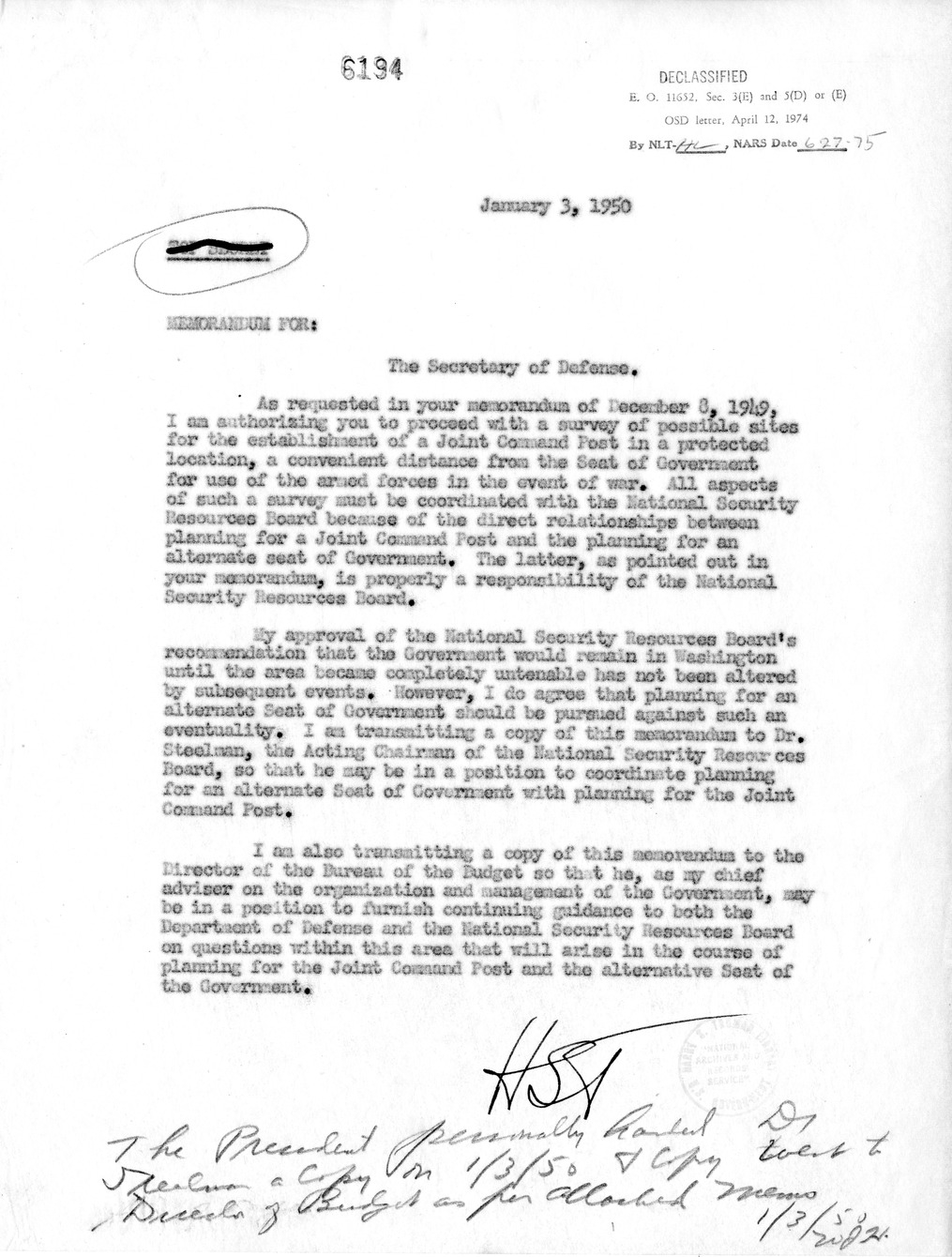 Memorandum from Secretary of Defense Louis Johnson to President Harry S. Truman, with Attachments and Related Material