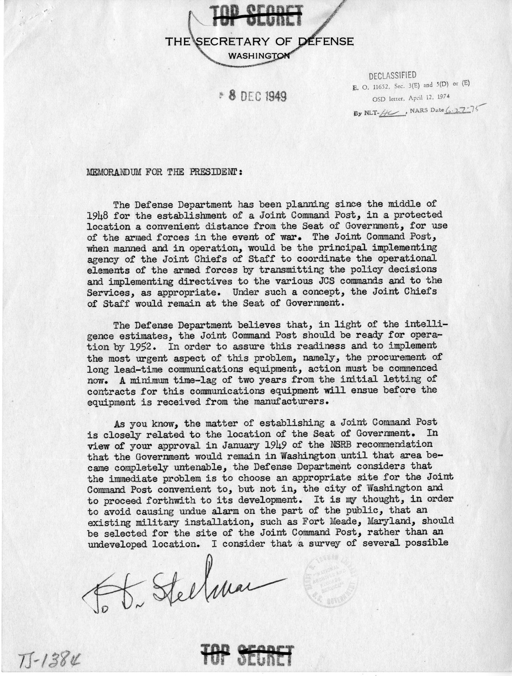 Memorandum from Secretary of Defense Louis Johnson to President Harry S. Truman, with Attachments and Related Material
