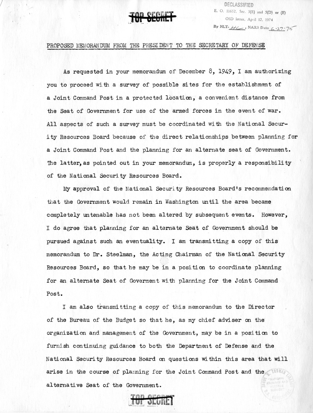 Memorandum from Secretary of Defense Louis Johnson to President Harry S. Truman, with Attachments and Related Material