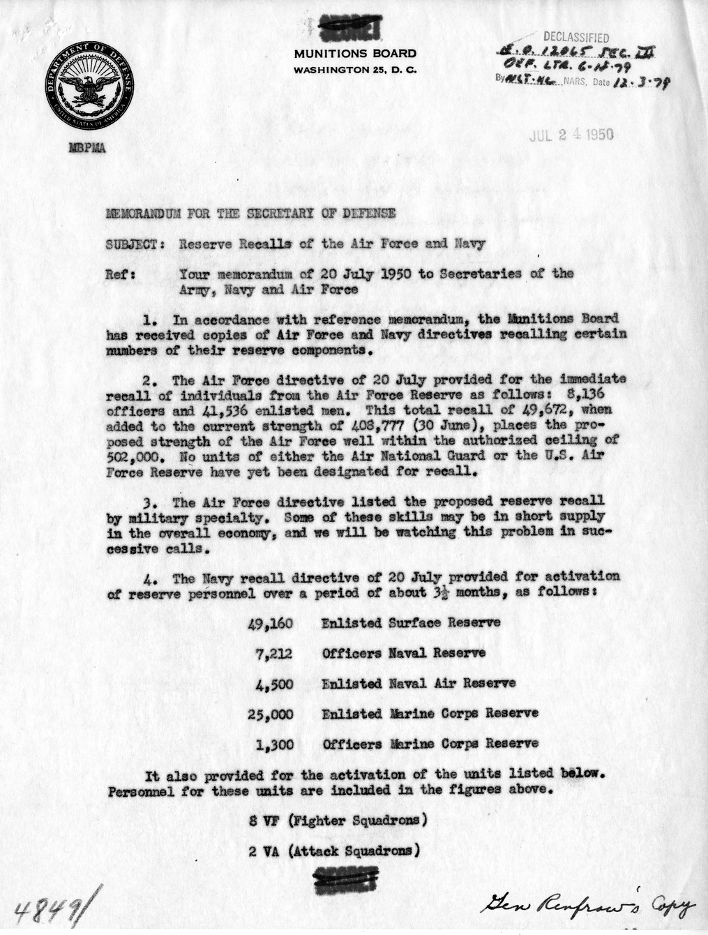 Memorandum from Major General Patrick Timberlake to Secretary of Defense Louis Johnson