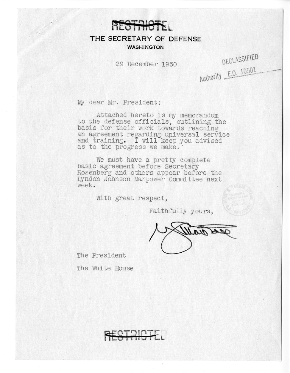 Note from Secretary of the Treasury John Snyder to President Harry S. Truman, with Attached Report from Secretary of Defense George Marshall to President Harry S. Truman